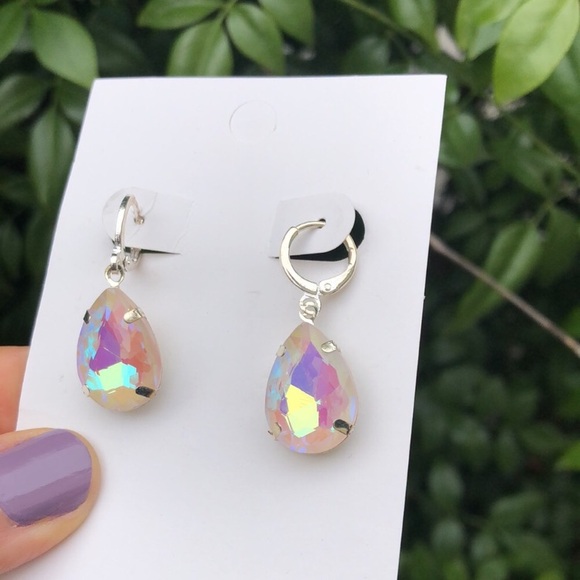 Iridescent AB White Pear Crystal Drop Earrings - Picture 2 of 6